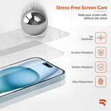 ROOCASE 3-Pack Glass Screen Protector for Apple iPhone 15, Include Easy Install Frame